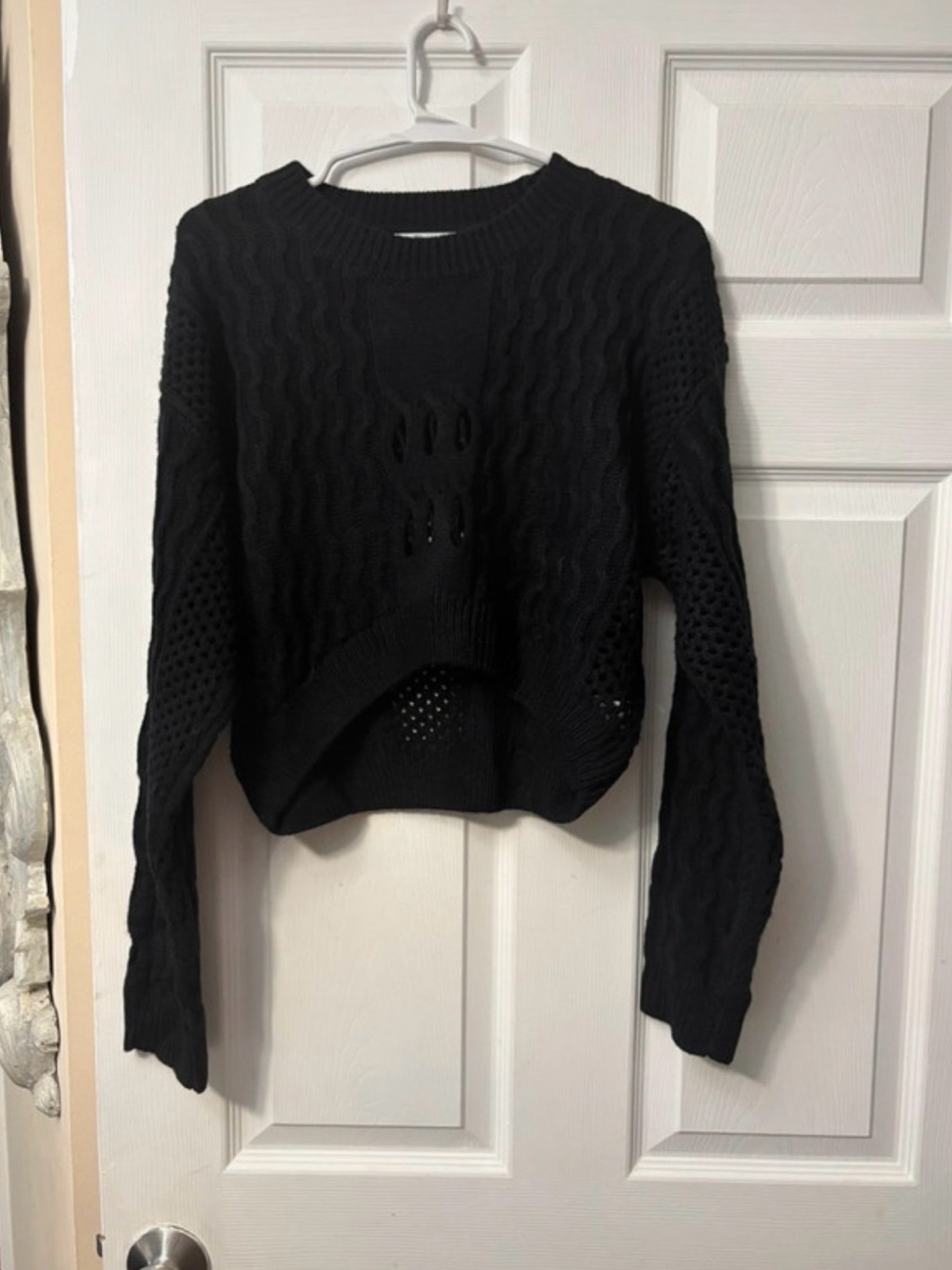 Cupshe Black Open-Knit Crewneck Sweater